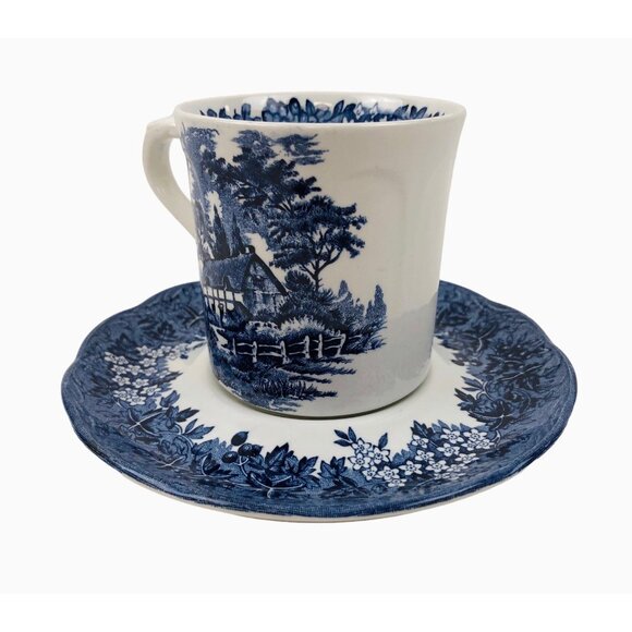 Anne Hathaway Cottage Meakin Romantic England Teacup Saucer Blue White Set - Picture 5 of 10